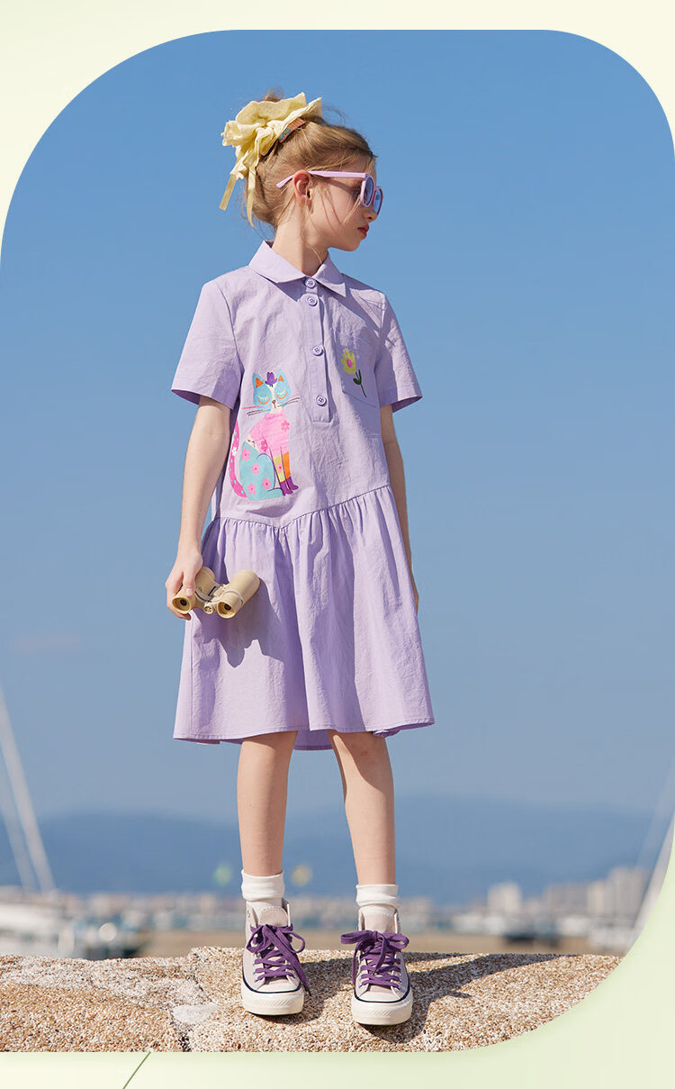 CHANZUIGOU Girls' Taro Purple Pure Cotton Shirt Dress 2026 Summer New Stylish Dopamine Print Dress 3